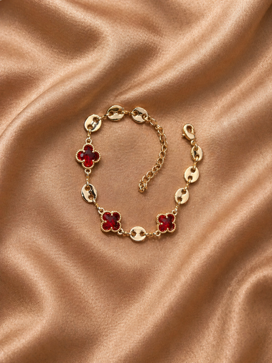 Oro Laminado Gold Filled Lucky Crystal Clover Bracelet Red